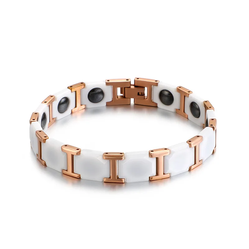 Rose Gold Stainless Steel Healthy Magnet Bracelet Men 11MM Wide Mens Bracelets Fashion White/Black Ceramic For Women | Украшения и