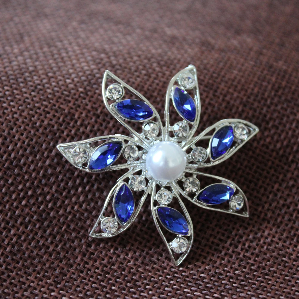 Синий Кристалл Rhinestone жемчужные броши Свадебный букет цветы Серебряная Брошь