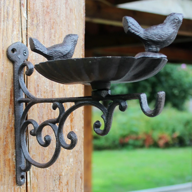 European Vintage Wall Mounted Cast Iron Bird Feeder, Retro Metal Bird Bath Plate with Hook, Heavy Duty Bird Feeder for Outdoor Garden Decor image 4