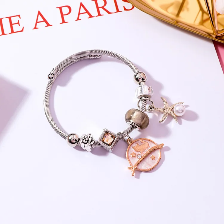 Japan Korea DIY Stainless Steel Adjustable Cat Starfish Pendant Bracelets Crystal Beads Bracelet Bangle for Women Jewelry Gift | Украшения