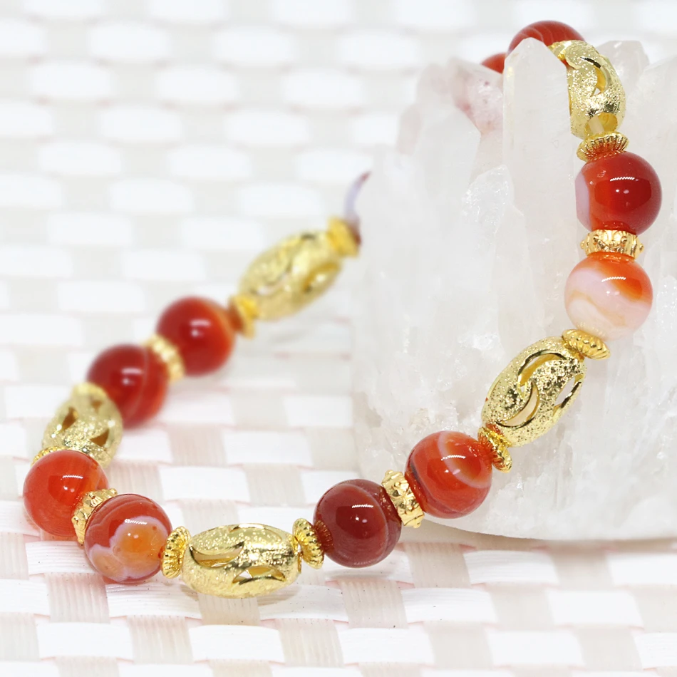 Factory outlet gold-color beads natural red veins agat carnelian onyx bracelet round stone 8mm elegant jewelry 7.5inchB2090 | Украшения и