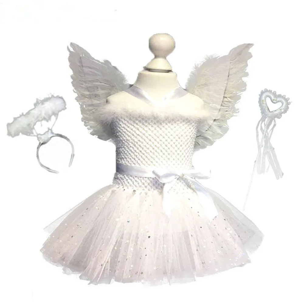 

White Glitter Girl Feather Angel Birthday Cosplay Ballet Dress Child Christmas Party Dress Tutu with Wings and Wand