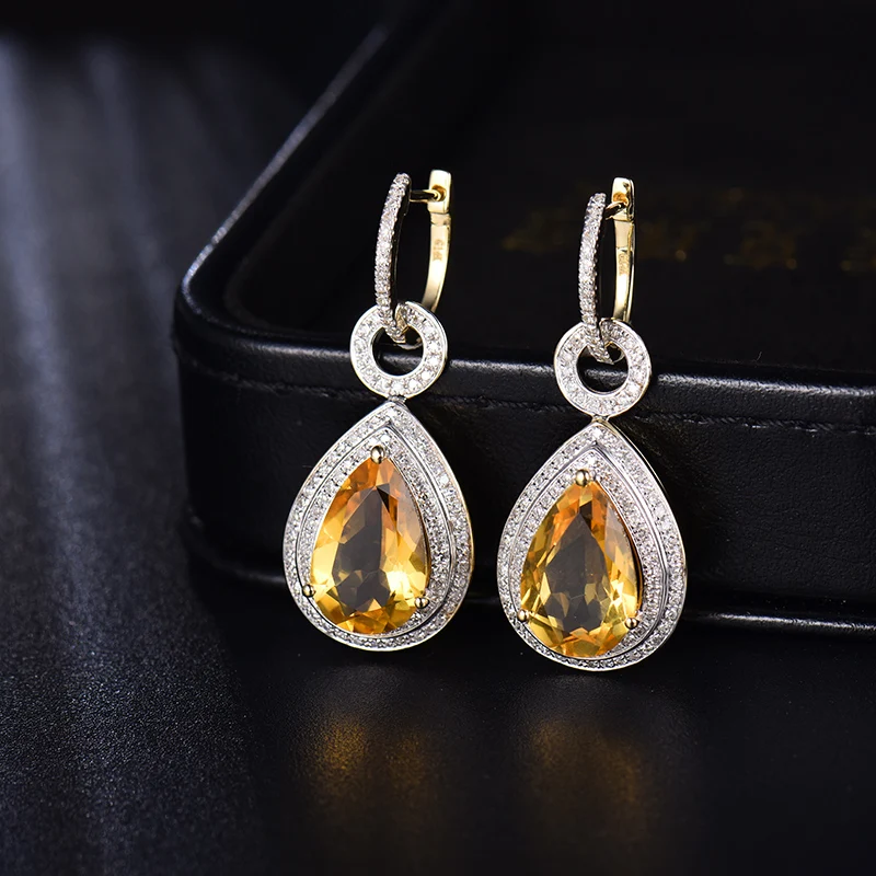 Женские серьги цитрина 14 карат желтое золото натуральный 10х14 мм|drop earrings|earring for