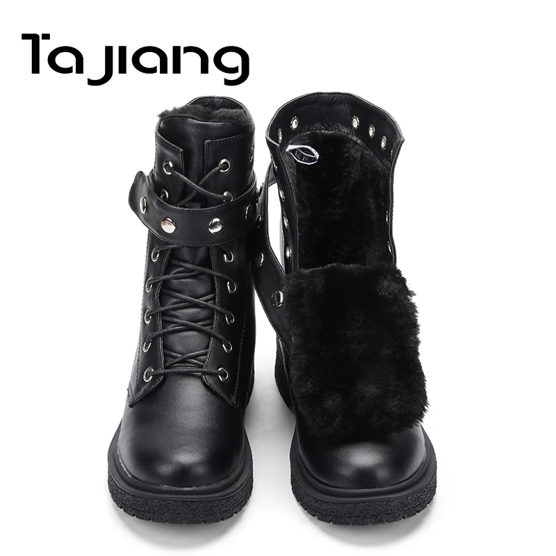 Ta Jiang/Новые модные теплые плюшевые зимние женские ботильоны с пряжкой; женские кожаные осенние мотоботы на шнуровке; женская обувь