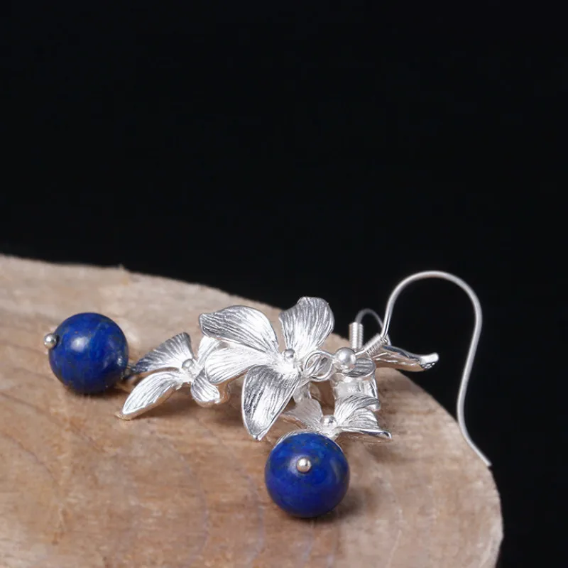 

925 Sterling Silver Drop Earrings for Women Lapis Lazuli Flowers Earrings Female Vintage Anti Allergies Earings Fine Jewelry