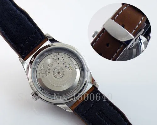 Часы Parnis с синим циферблатом 43 мм автоматический кожаный ремешок складные