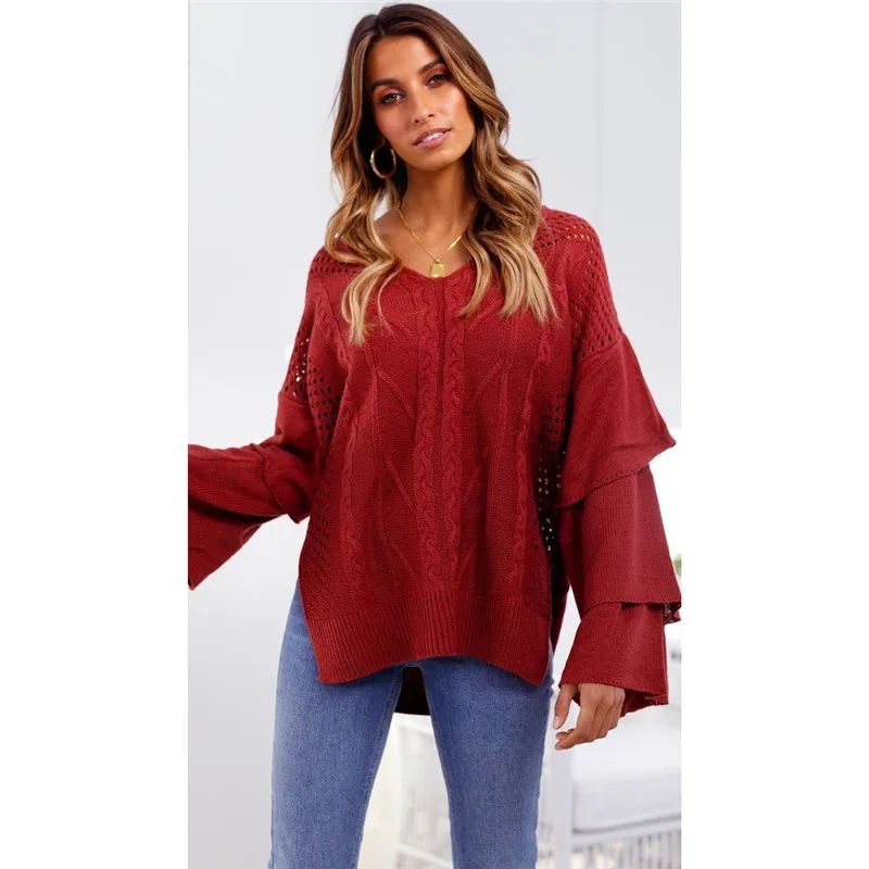 Womens V Neck Top Oversize hollow out Mesh Knitted Sweater Elegant layers Long sleeve pull femme truien dames Fashion Streetwear | Женская