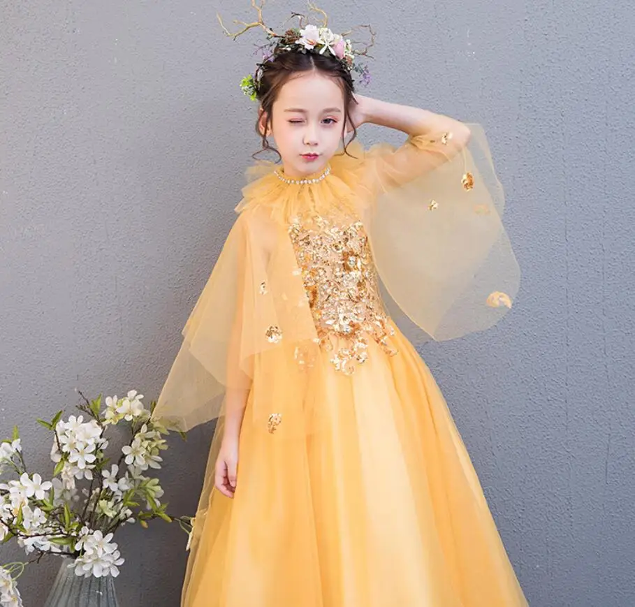Girls Yellow Glitter Princess Tutu Dress Inspired Kids Rhinestone Wedding A-Line Children Prom Birthday Party HW2395 | Детская одежда и