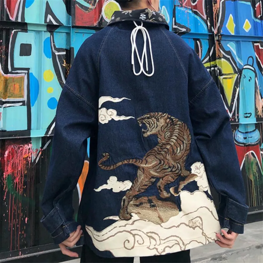 

2019 spring autumn women Chinese style Retro Tiger Embroidery Denim Jackets Coats Loose washed jacket