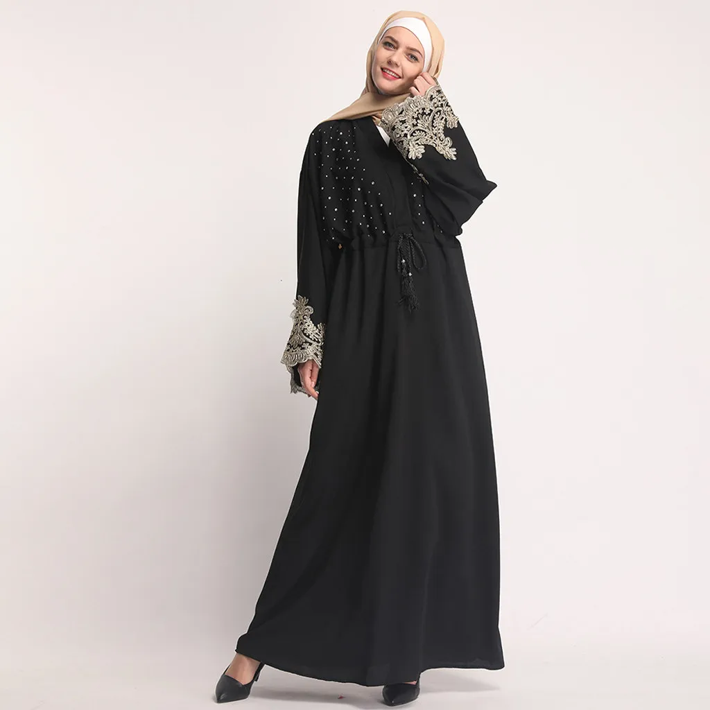 Платье большого размера винтажное черное кружевное платье с вышивкой Abaya Дубаи