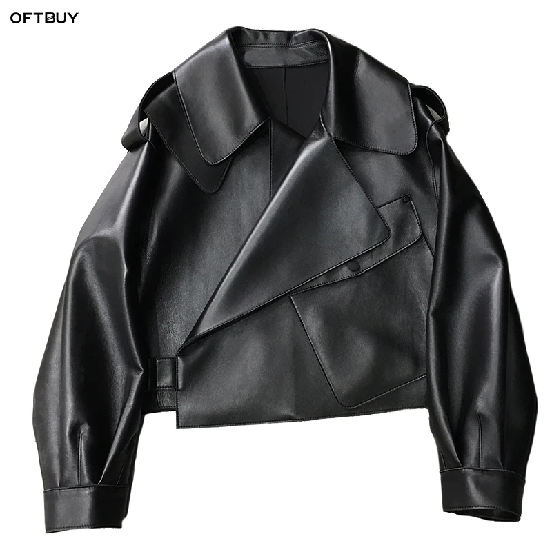 OFTBUY/2019 Весенняя женская куртка из натуральной овечьей кожи свободное короткое