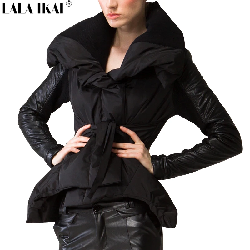 Белая Утка Вниз Зима Короткая Куртка Женщин Большой Лацкан Кружева вверх Луч