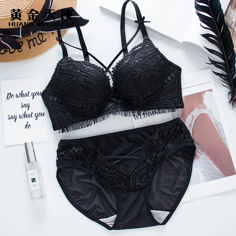 New Women's Comfort Push-Up Deep V Bra Set Solid Color Brassiere + Sexy Panties Brief Lace Lingerie Underwear | Женская одежда