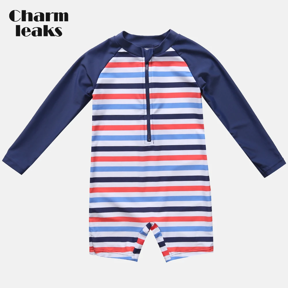 

Charmleaks One-Piece Baby Boy's Zipper Swimwear Kids Stripe Rashguard Swimsuit Child Long Sleeve Rash Guard UPF 50+ Beach Wear