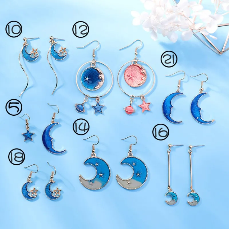 E093.9 # женские серьги. маленькие свежие синие Звезда и луна серьги асимметричные