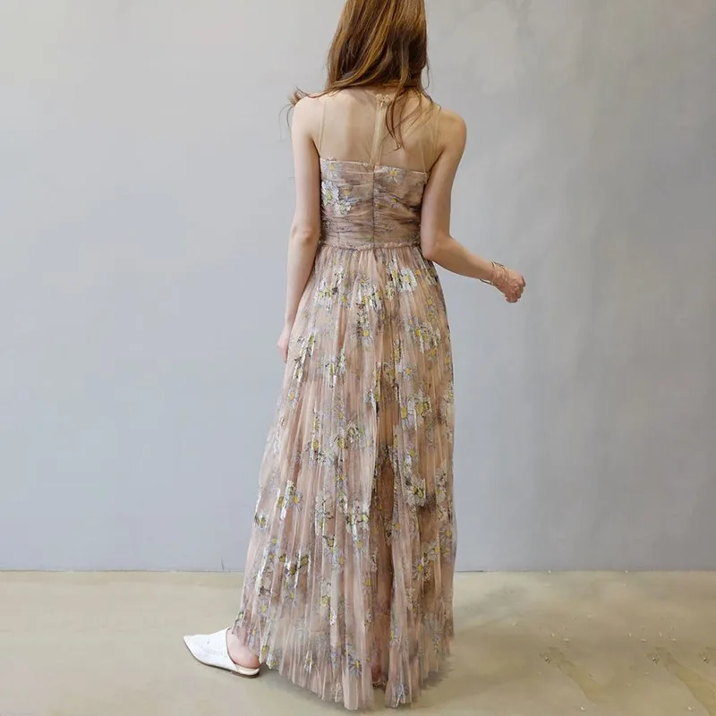 CHICEVER летнее элегантное Сетчатое платье с цветочным принтом для женщин круглым