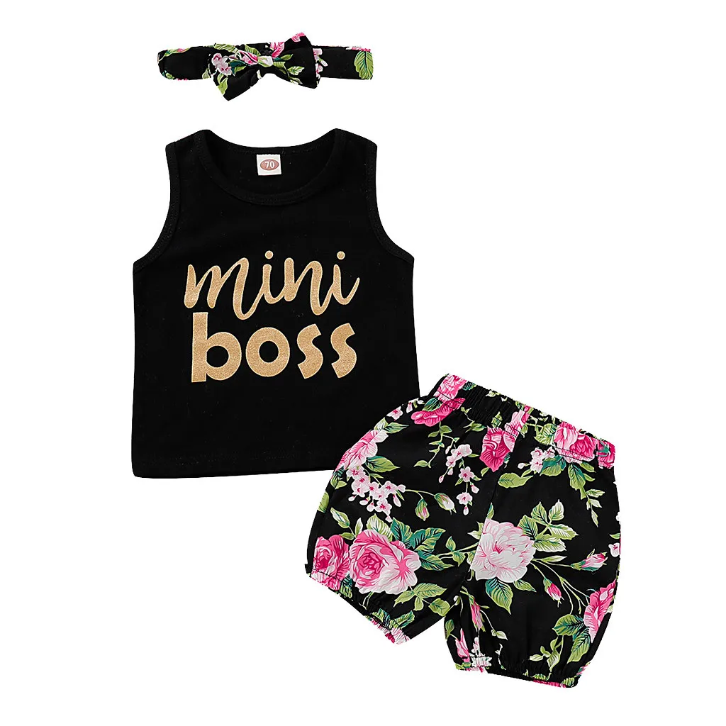 Children's wear set 2019 Toddler Baby Girl Letter Vest Tops+Floral Print Shorts+Headbands Set Outfit Spring summer | Детская одежда