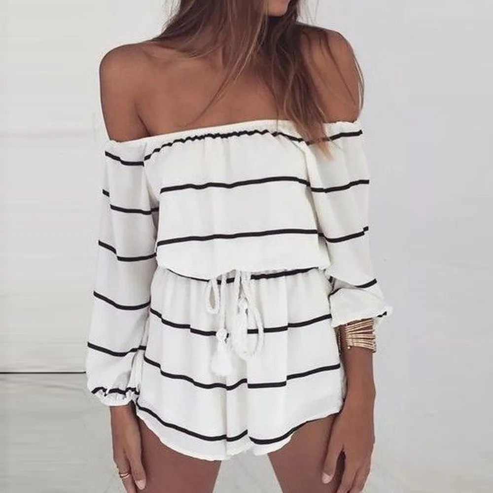 A maxiorill Для женщин с открытыми плечами, полоска модные Повседневное длинные sleevejumpsuit самские брюки T3 - Цвет: A