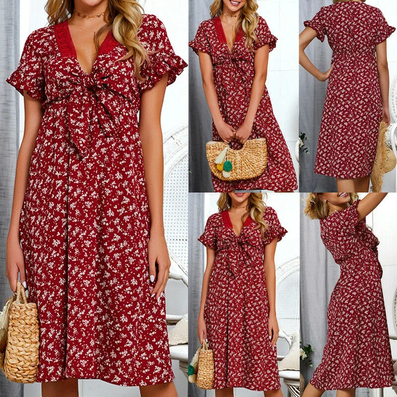 Vestidos Verano женское платье с коротким рукавом и цветочным принтом Boho миди летний