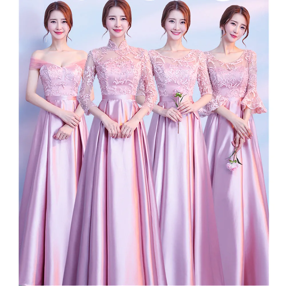 Женское атласное платье сорисе розовое кружевное подружки невесты с коротким