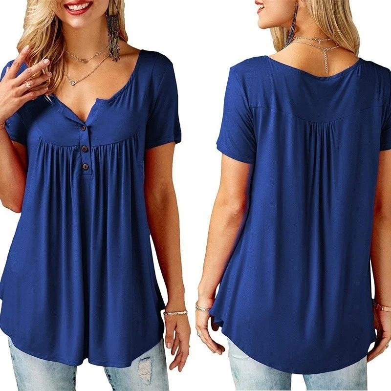 Летние Для женщин рубашки и блузки короткий рукав на пуговицах Туника