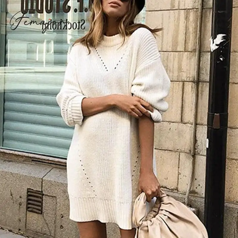 Femajor Women White Long Sweater 2019 Autumn Winter Fashion Loose Hollow Out Pullover Female Chic Knitted Short Dress Mujer | Женская