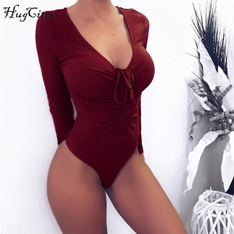 Hugcitar длинным рукавом лонгслив deep V-образным вырезом зашнуровать сексуальные облегающее обтягивающее обтяжку комбидресс бодисьют осень осеннее зимнее зима женское женские женщин мода боди