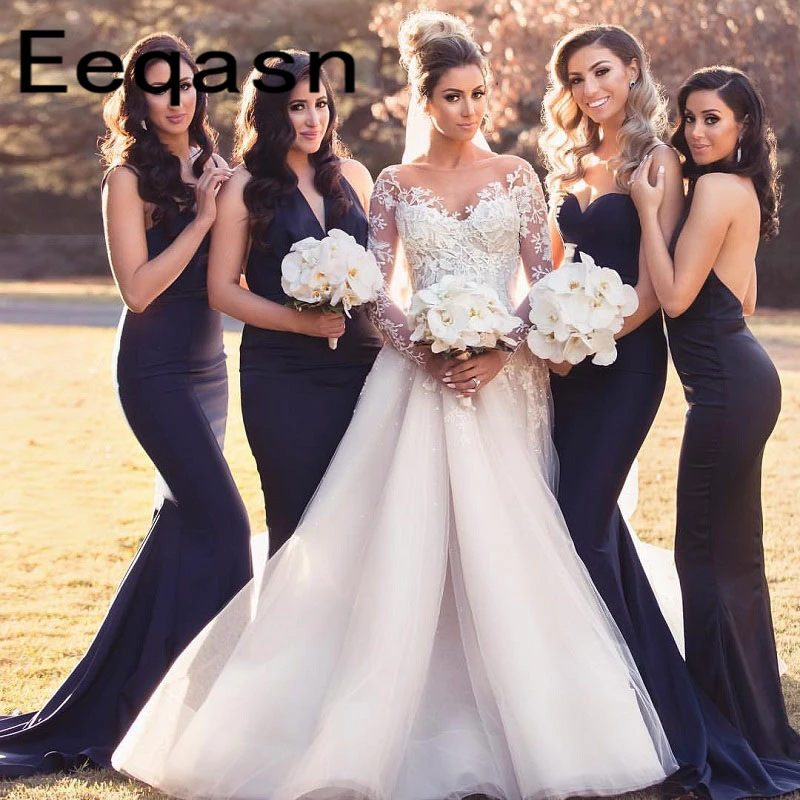 Женское платье подружки невесты с v образным вырезом темно синее в пол без