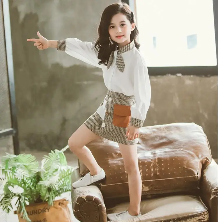 new wholesale girls 2 pcs set bow blouse+skirt fashion autumn girls suit 4-9t B956