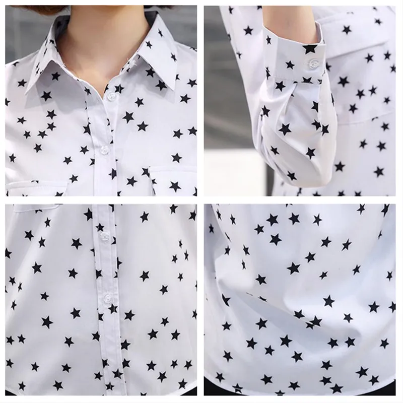 Hanyiren звезда печати белый Шифоновая блузка одежда с длинным рукавом отложным