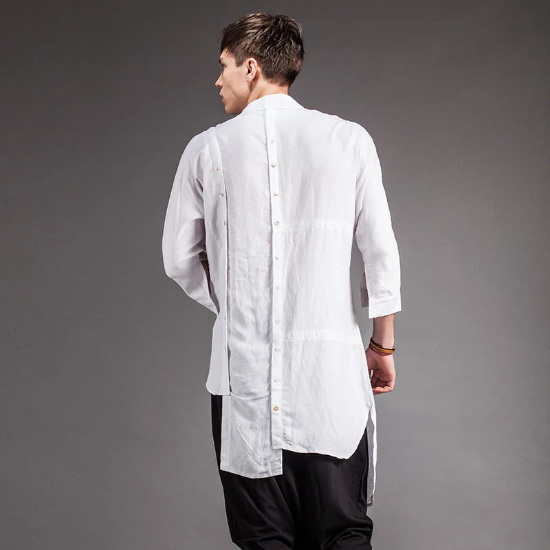 Новый 2016 мужская одежда летние двубортные Асимметричная длинная рубашка дизайн