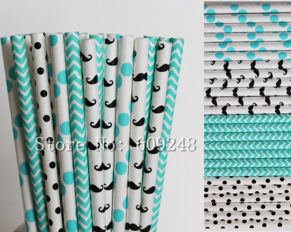 Бумажная соломинка для питья 100 шт. в горошек и шеврон с черными усами