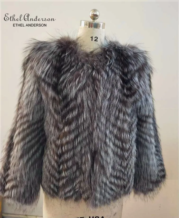 Silver Grey Ethel Ande новейшая шуба из натурального меха серебристой лисы, шуба из натурального меха серебристого цвета, Шуба в полоску, Шуба в полоску - Цвет: Silver Grey
