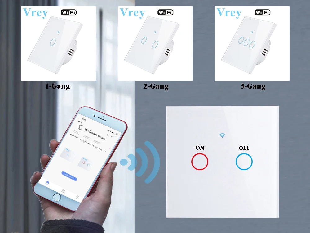 Vrey wifi умный сенсорный выключатель, приложение беспроводной пульт дистанционного света сенсорный настенный выключатель, Хрустальная стеклянная панель, работает с Alexa/Google Home