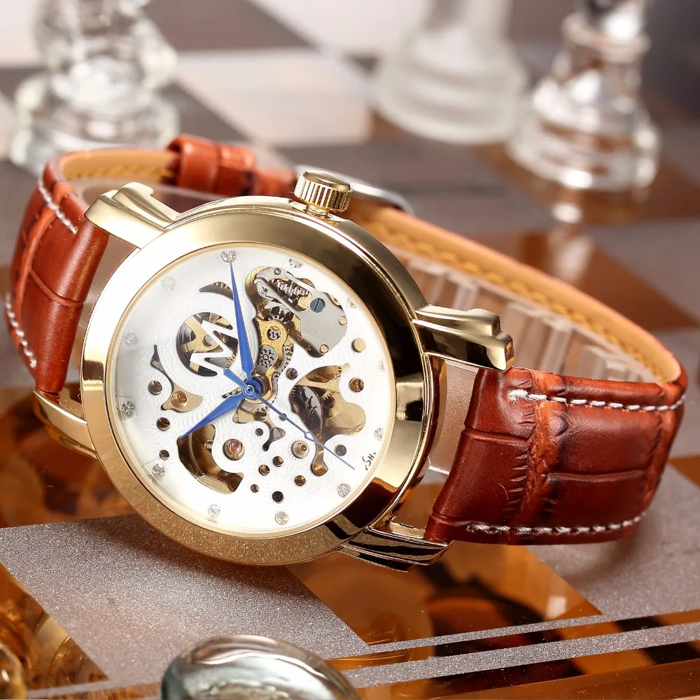 

New Skeleton Watches Mens Top Famous Brand Luxury Gold Mechanical Watches Automatic Wrist Watch leather Relogio Masculino Winner
