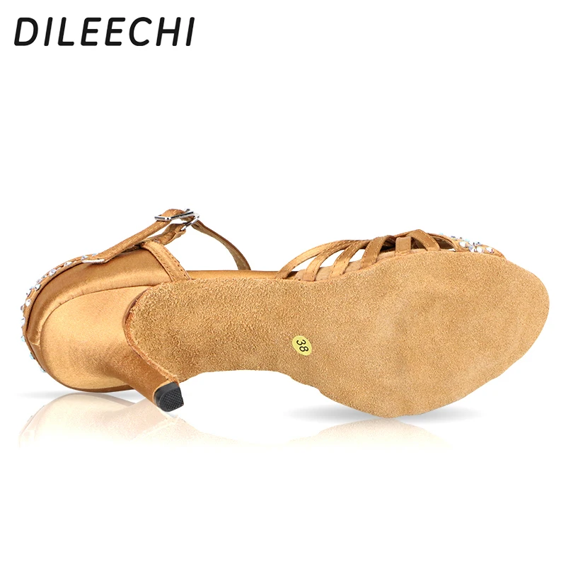 DILEECHI/Женская обувь для латинских танцев; цвет бронзовый, черный; атлас; со стразами; мягкая подошва; Высокий Каблук 8,5 см; Сальса; вечерние; бальные; танцевальные туфли