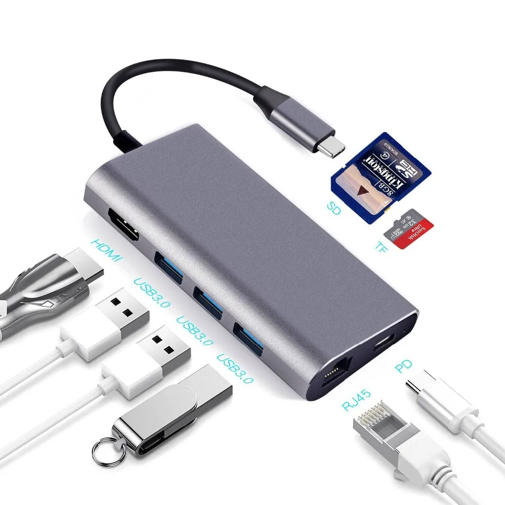 

Док-станция 8 в 1 с USB C и поддержкой 4K UHD HDMI, 3 порта USB 3,0, слот для SD/TF, RJ 45