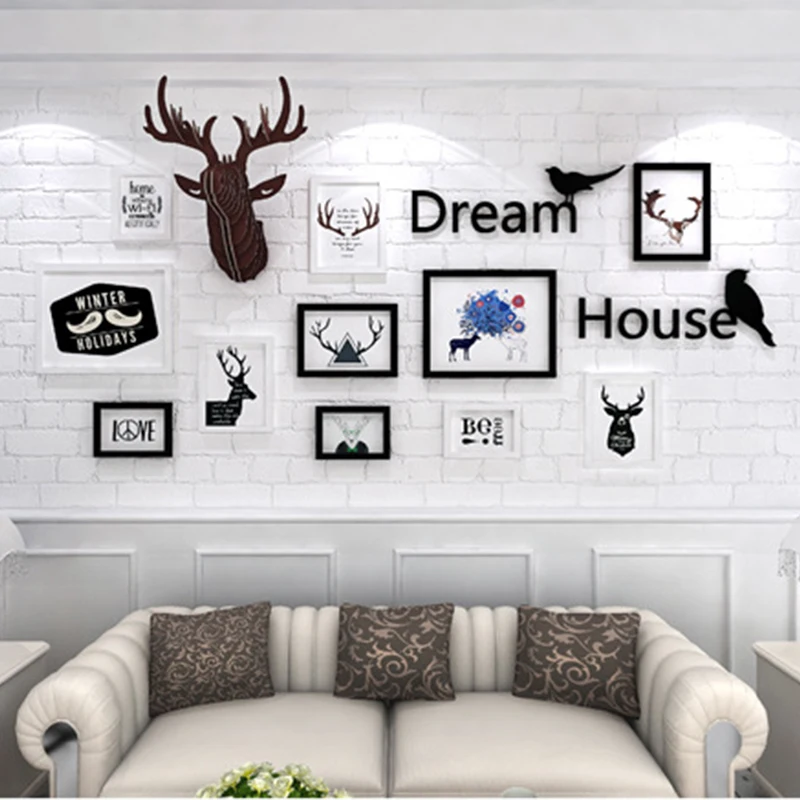 Украшение дома фрески фоторамка комбинированная голова оленя настенная