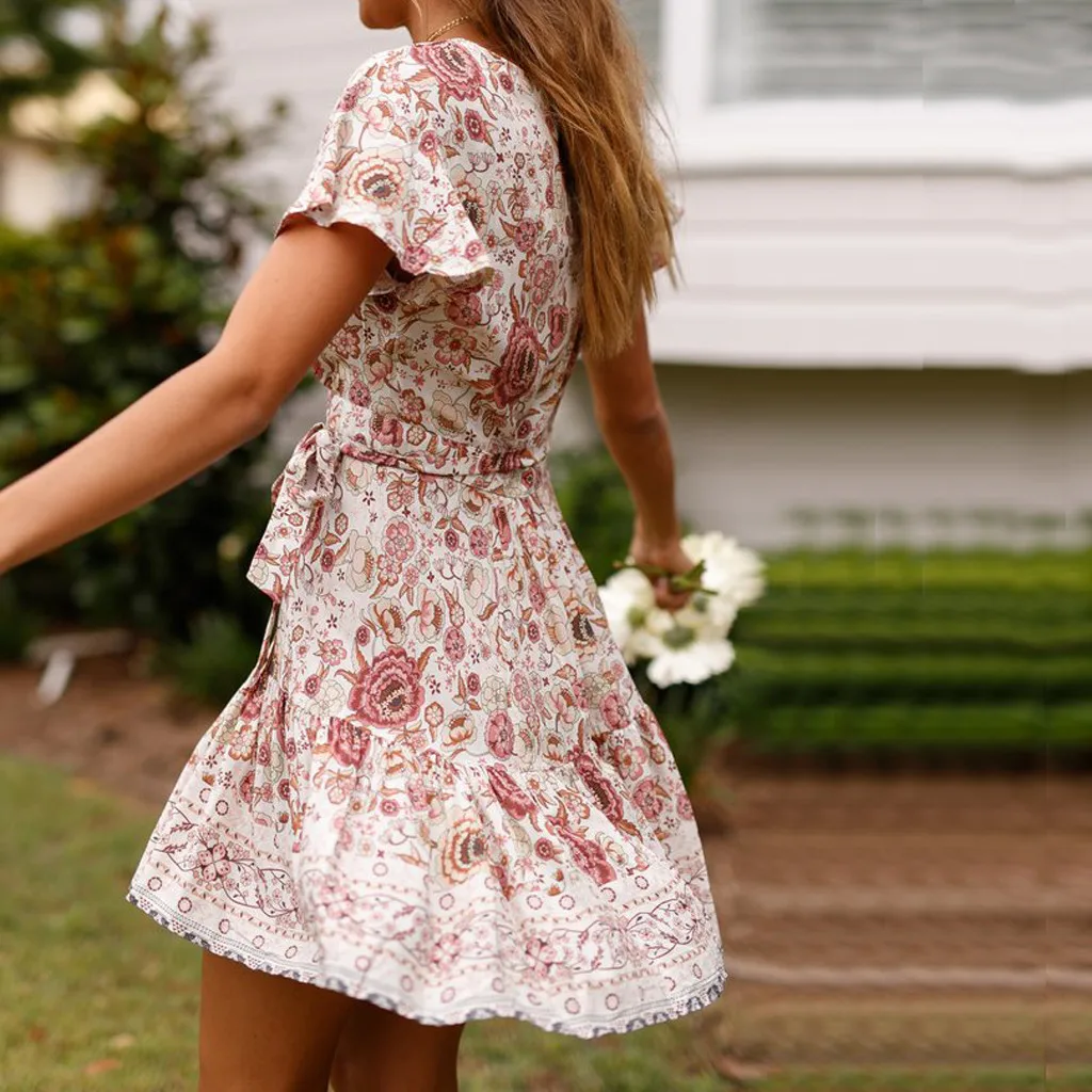 Womens Sexy Casual High Waist Bohemia Print V Neck National Style Midi Dress W612 | Женская одежда
