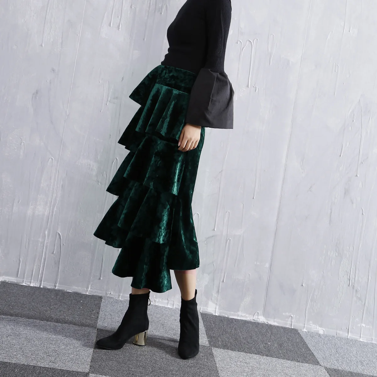 ASYMSAY Europe Lotus Leaf Asymmetry Shiny Fabric Velvet Skirt For Women Back Split Elastic High Waist Skirts Female AC2122|velvet skirt|waist