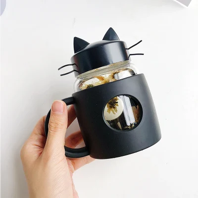 Новинка стеклянная чашка кружки с рисунками кошек Кофе Чай Молоко травы кружка творческие подарки 360 мл Посуда для напитков - Цвет: 360ML BLACK