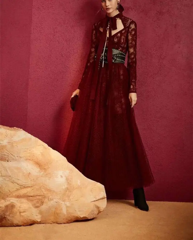 2 Цвет Черные и темно красные туфли Красное Кружевное Платье Одежда высшего