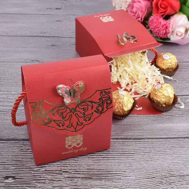 

50pcs Gift Box Holiday Supplies Handbag Candy Box Chinese Style Flower Gift Bag Ribbon Red Festive Candy Box Caja Golosinas