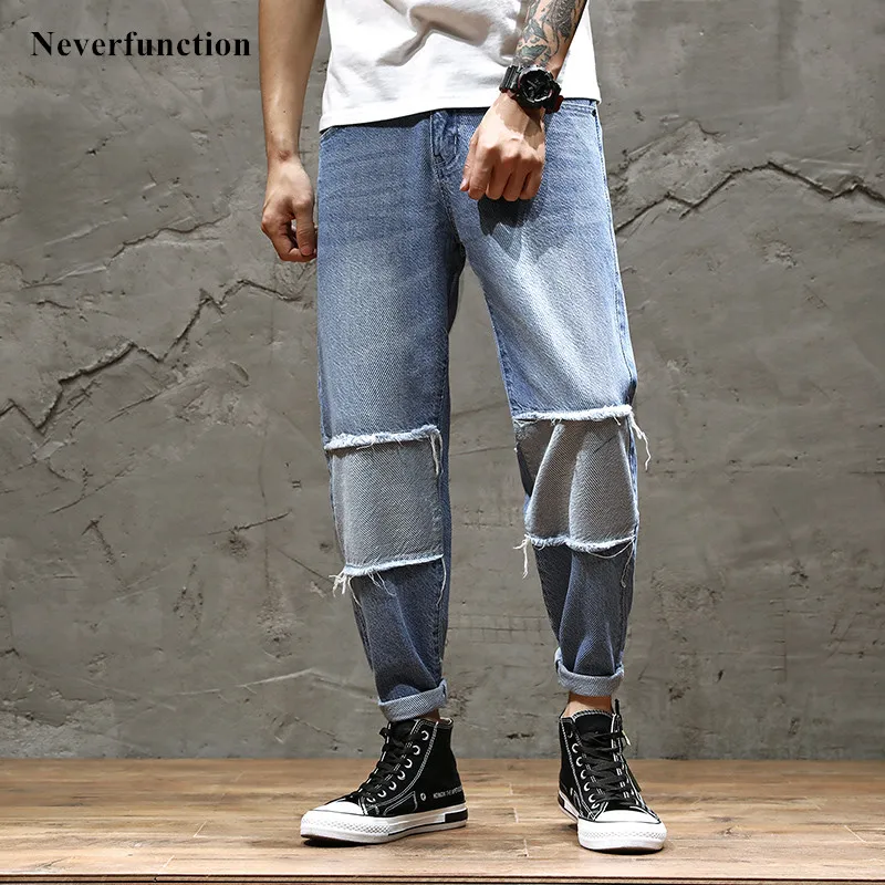 

Teenager Men Hip Hop Fashion Destroyed Patchwork Harem Jeans Streetwear Skateboard casual Cargo Joggers denim sweatpants