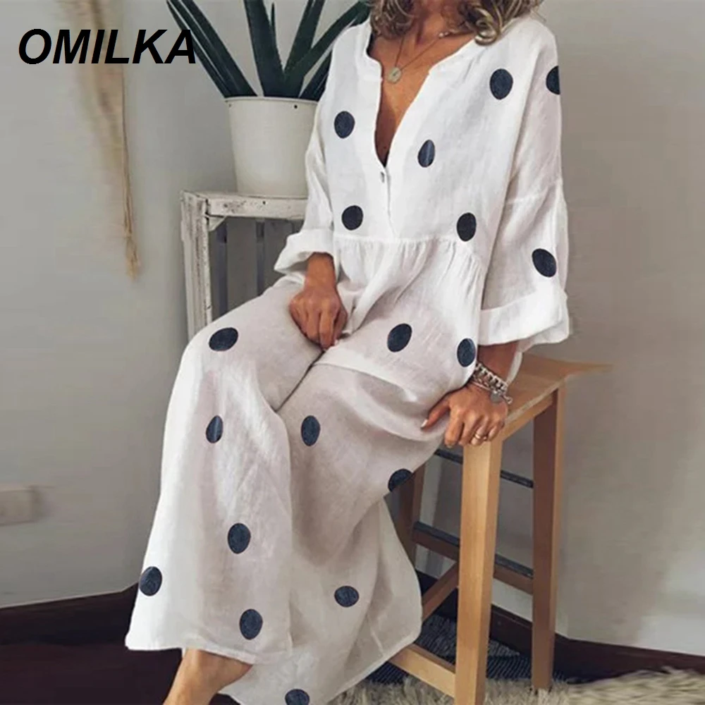 Женское богемное платье в горошек OMILKA повседневное свободное Пляжное Платье