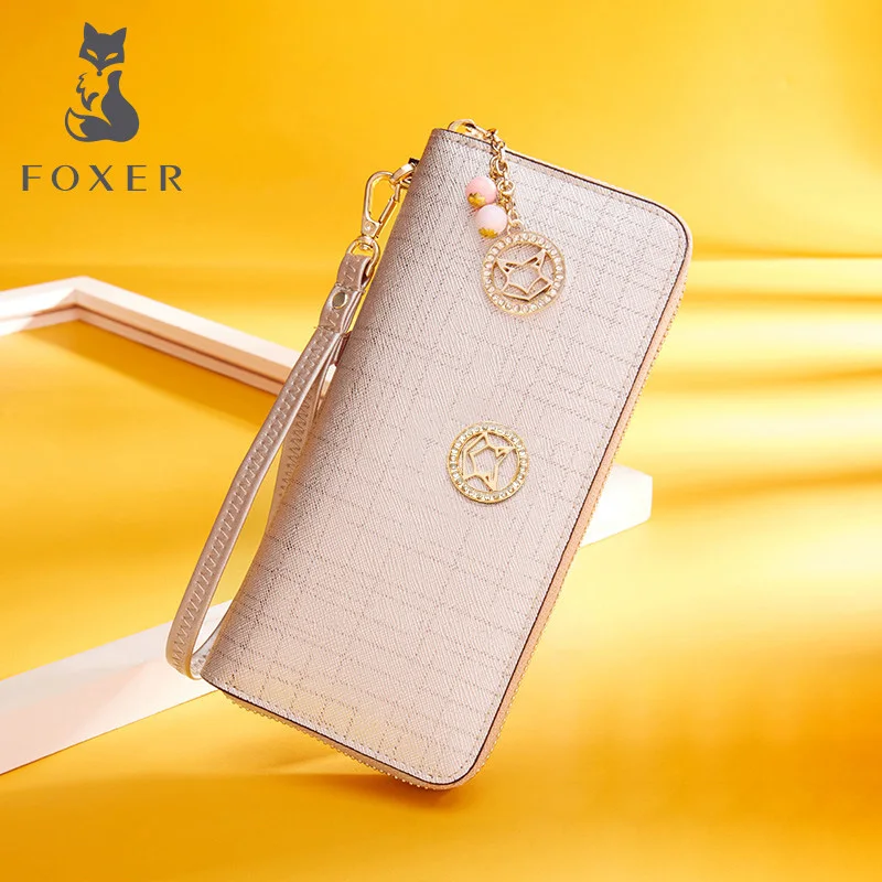 FOXER брендовый женский кошелек из коровьей кожи, простые Кошельки для монет, модные длинные кошельки на молнии, женский клатч