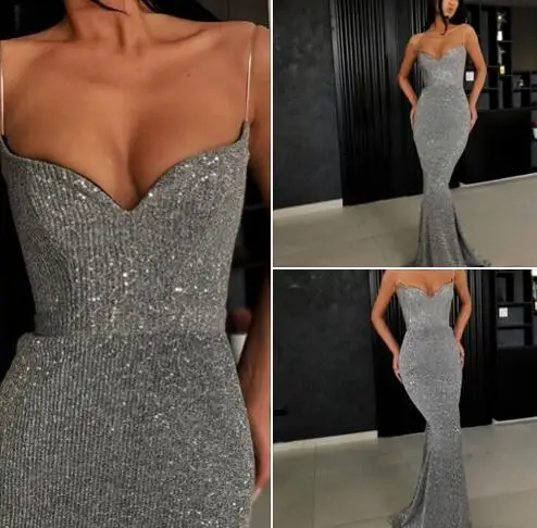 Вечернее Длинное Платье Русалочки 2020 на тонких бретельках с блестящими