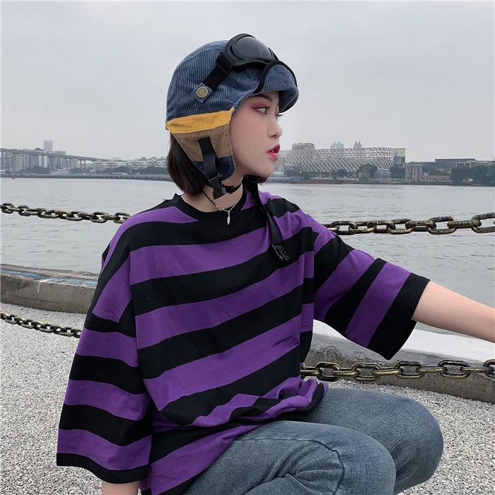 Новый Ulzzang Harajuku фиолетовый черный Рубашка в полоску студент свободный стиль