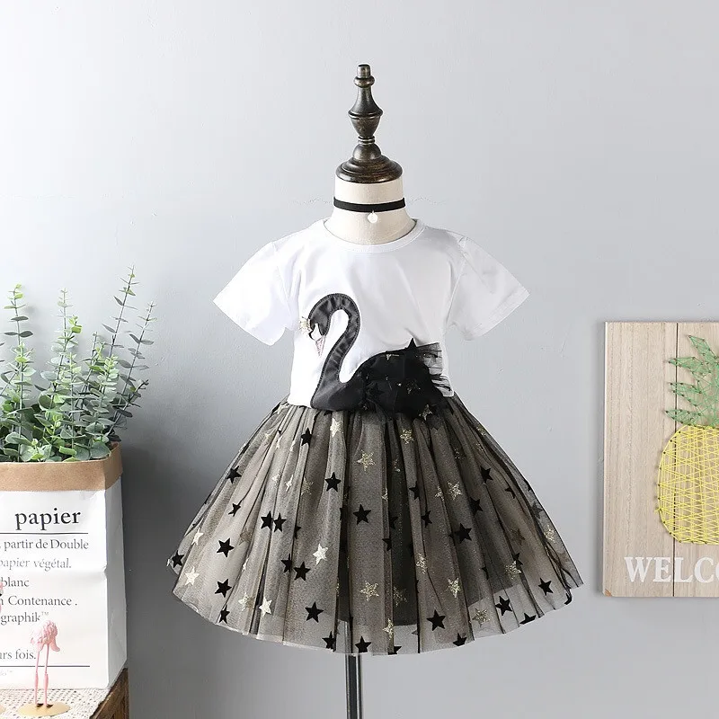 Fashion Toddler Baby Girl Suit Tops T Shirt Two Piece Chiffon Gauzy Dress Children Kids Flamingo Skirt Clothing Set | Детская одежда и