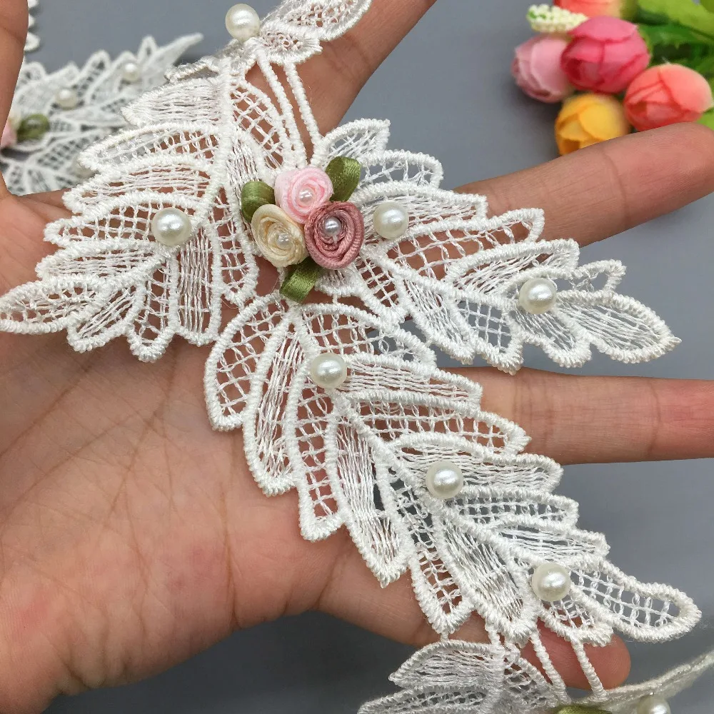 1 ярд абрикосовый 3D жемчужный лепесток цветка розы вышитая Сетка кружевная